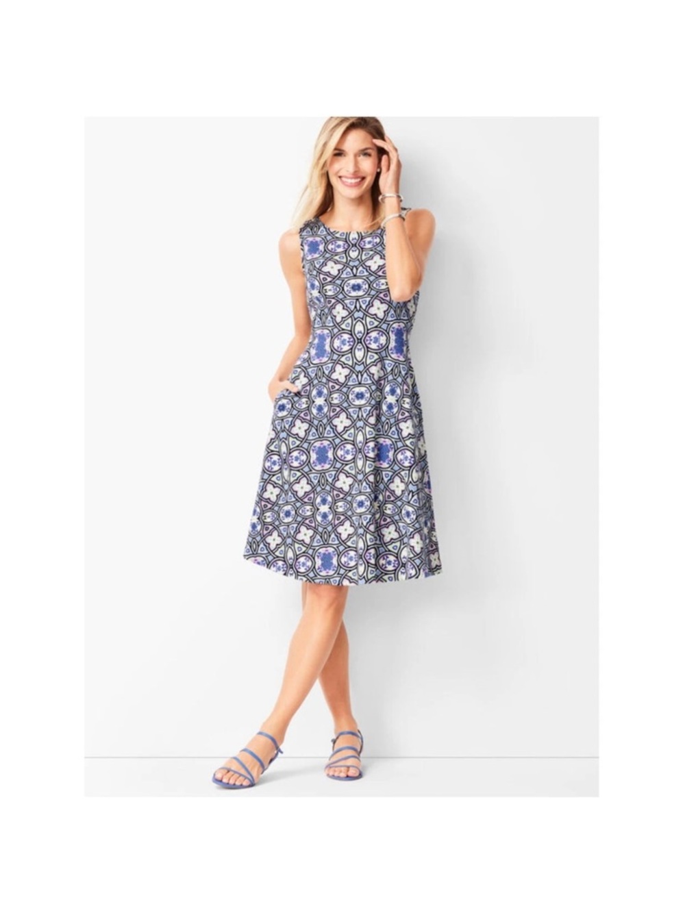 Talbots Edie Dress Womens 8 Blue Purple Medallion Geometric Sleeveless